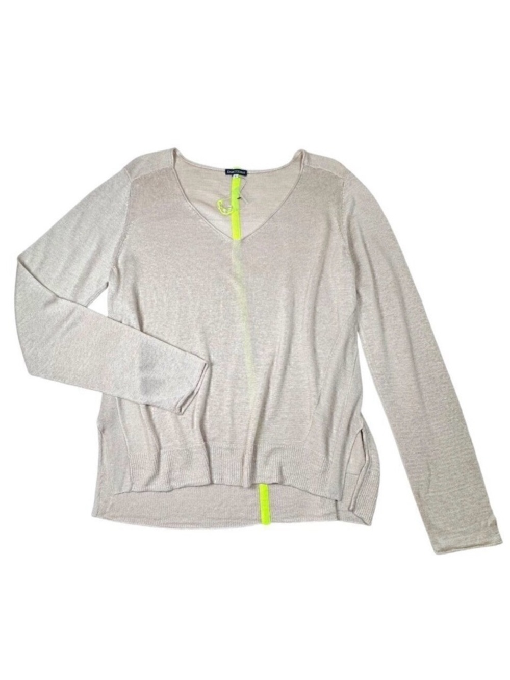 New Linen V-Neck Sweater Sz L Beige Relaxed Fit Minimalist Neutral Contemporary